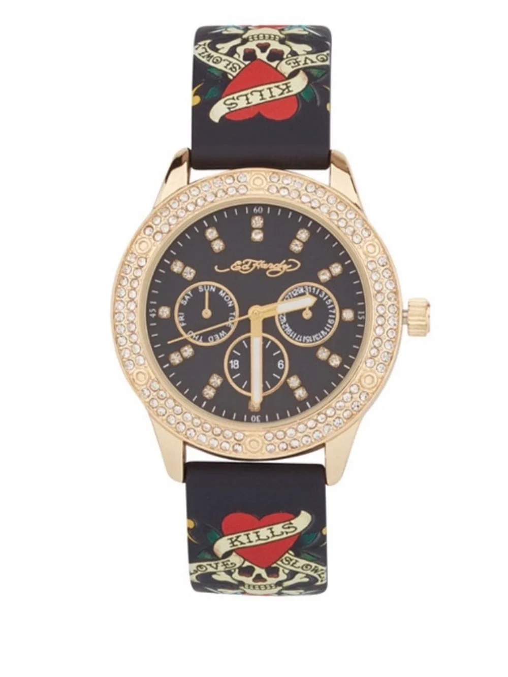 Ed Hardy Gold Tone Black Dial Watch with Red & Green Tattoo Strap #055